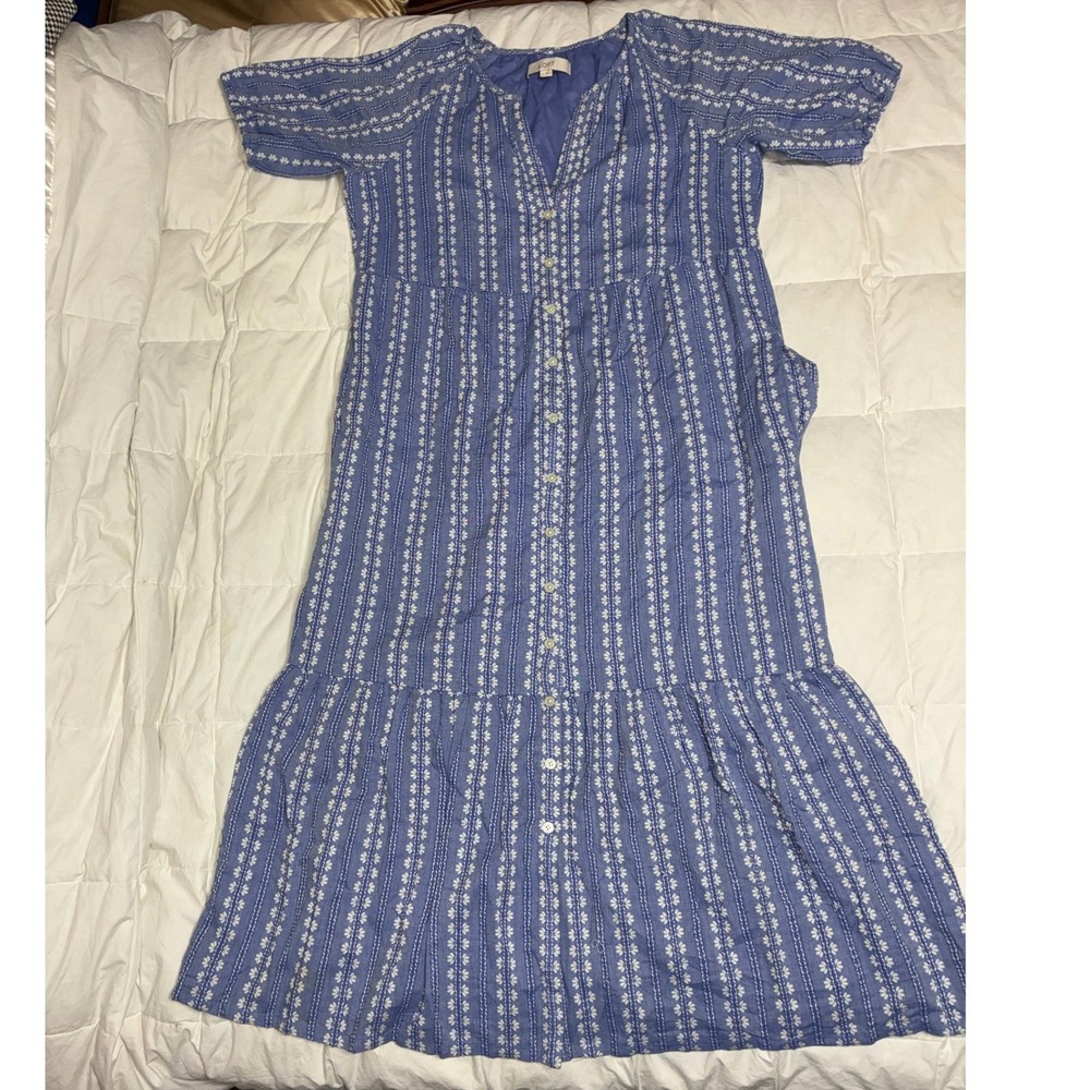 Loft Blue White Embroidered Floral Stripe Button Front Tiered Maxi Dress M